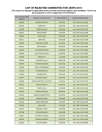LIST of REJECTED CANDIDATES for JEXPO-2013 (The Reason for Rejection of Application Forms Has Been Mentioned Against Each Candidate