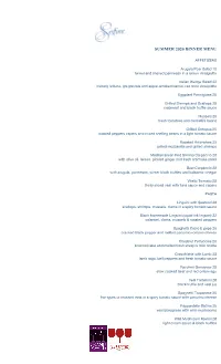 Summer 2020 Dinner Menu