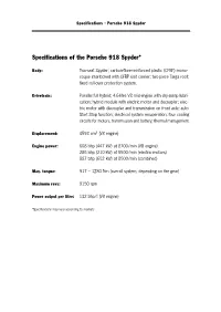 Specifications of the Porsche 918 Spyder*