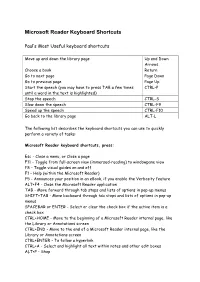 Microsoft Reader Keyboard Shortcuts