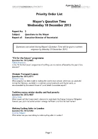 Priority Order List Mayor's Question Time Wednesday 18 December 2013