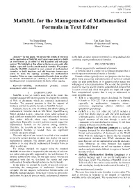 Mathml for the Management of Mathematical Formula in Text Editor