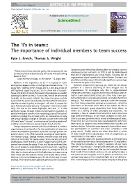 The 'I's in Team:: the Importance of Individual Members to Team Success