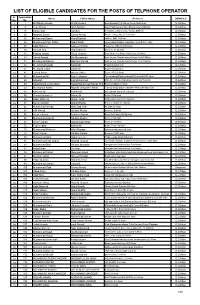 List of Eligible Candidates for the Posts of Telphone Operator