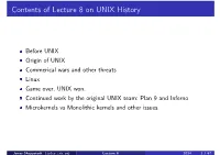 Contents of Lecture 8 on UNIX History
