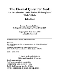 The Eternal Quest for God: an Introduction to the Divine Philosophy of `Abdu'l-Bahá Julio Savi