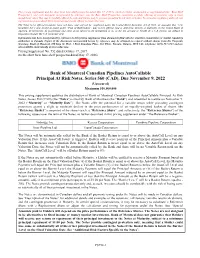 Bank of Montreal Canadian Pipelines Autocallable Principal at Risk Notes, Series 560 (CAD), Due November 9, 2022 (Unsecured) Maximum $10,000,000