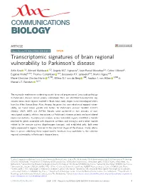 Transcriptomic Signatures of Brain Regional Vulnerability to Parkinsonâ