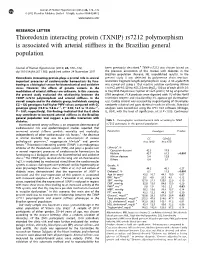 Thioredoxin Interacting Protein (TXNIP) Rs7212 Polymorphism Is Associated with Arterial Stiffness in the Brazilian General Population