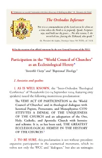 Participation in the “World Council of Churches” As an Ecclesiological Heresy* “Invisible Unity” and “Baptismal Theology”
