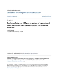 A 25-Year Comparison of Arguments and Trends in American News Coverage of Climate Change and the Ozone Hole