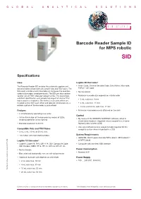 Spec Sheet Barcode Reader SID for Mpsrobotic