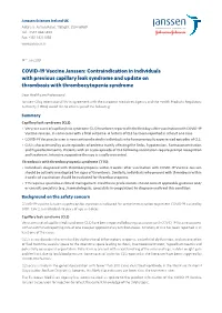 COVID-19 Vaccine Janssen: Contraindication in Individuals with Previous Capillary Leak Syndrome and Update on Thrombosis with Thrombocytopenia Syndrome