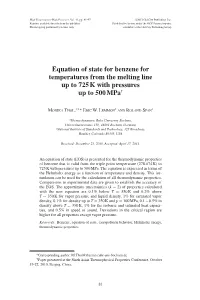 Equation of State for Benzene for Temperatures from the Melting Line up to 725 K with Pressures up to 500 Mpa†