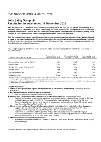 EMBARGOED UNTIL 4 MARCH 2021 John Laing Group Plc Results For
