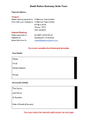 Death Notice Summary Order Form