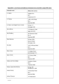 Appendix B – List of Names and Addresses of Persons to Be Served with a Copy of This Notice