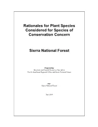Rationales for Plant Species Considered for Species of Conservation Concern