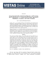 A Transpersonal Psychology Approach to Mindfulness, Acceptance, and Values Formation