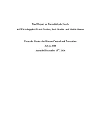 Final Report on Formaldehyde Levels in FEMA-Supplied Travel Trailers, Park Models, and Mobile Homes