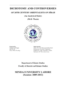 DICHOTOMY and CONTROVERSIES of 20TH CENTURY ORIENTALISTS on SĪRAH (An Analytical Study) (Ph.D
