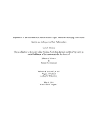 Experiences of Second-Generation Middle Eastern Coptic Americans Managing Multicultural Identity and Its Impact on Their Relatio