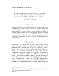 BINDING OBLIGATIONS in ROMANS 13:7: a SEMANTIC FIELD and SOCIAL CONTEXT Thomas M