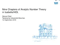 Nine Chapters of Analytic Number Theory in Isabelle/HOL
