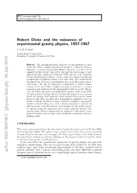 Robert Dicke and the Naissance of Experimental Gravity Physics, 1957-1967