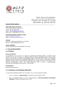 FIN 526/ECON581 Empirical Asset Pricing Module 4, 2015-2016 Course Information