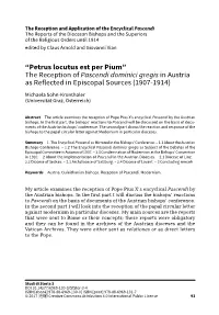 The Reception of Pascendi Dominici Gregis in Austria As Reflected in Episcopal Sources (1907-1914)