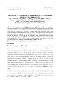 Patenting Activities in Veterinary Sciences: Concept, Status and Implications V.K