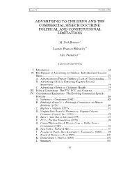 Advertising to Children and the Commercial Speech Doctrine: Political and Constitutional Limitations