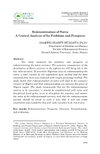 Redenomination of Naira: a Critical Analysis of Its Problems and Prospects