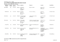 List of Planning Application Decisions Issued