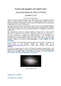 Popular Names of Deep Sky (Galaxies,Nebulae and Clusters) Viciana’S List