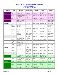 LCMS 2020-2021 Church Year Calendar — One-Year Series