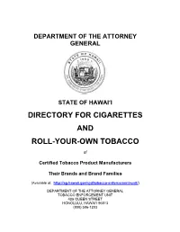 Directory for Cigarettes and Roll-Your-Own Tobacco