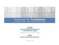 Vermont in Transition: a Summary of Social, Economic and Environmental Trends