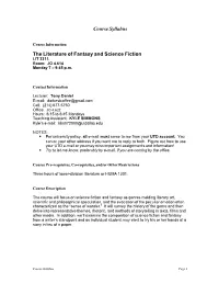 Course Syllabus the Literature of Fantasy and Science Fiction