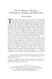 The Un-Platonic Menexenus: a Stylometric Analysis with More Data Thomas Koentges