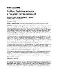 Québec Solidaire Adopts a Program for Government