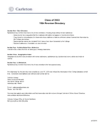 Class Directory Alphabetical (By Carleton Last Name) List of Class Members, Including Those Without Known Addresses