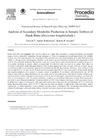 Analysis of Secondary Metabolite Production in Somatic Embryo of Pasak Bumi (Eurycoma Longifoliajack.)