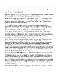 Preliminary Notice of Launch of Tender Offer