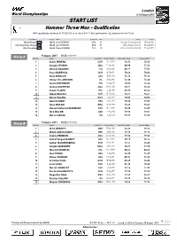 START LIST Hammer Throw Men - Qualification with Qualifying Standard of 75.50 (Q) Or at Least the 12 Best Performers (Q) Advance to the Final