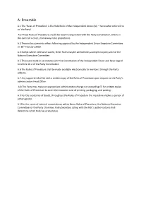 Rules of Procedure’ Is the Rule Book of the Independent Union (IU) – Hereinafter Referred to As ‘The Party’