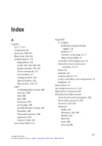 451 Angular CLI, 77, 412 Component, 89 Detection, 398–399 Http Client, 320–321 Module System, 119 Deployment, 130 Ex100