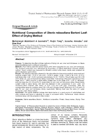 Nutritional Composition of Stevia Rebaudiana Bertoni Leaf: Effect of Drying Method