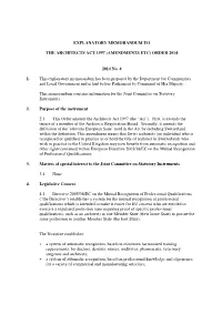 EXPLANATORY MEMORANDUM to the ARCHITECTS ACT 1997 (AMENDMENTS ETC) ORDER 2014 2014 No. 4 1. This Explanatory Memorandum Has Been